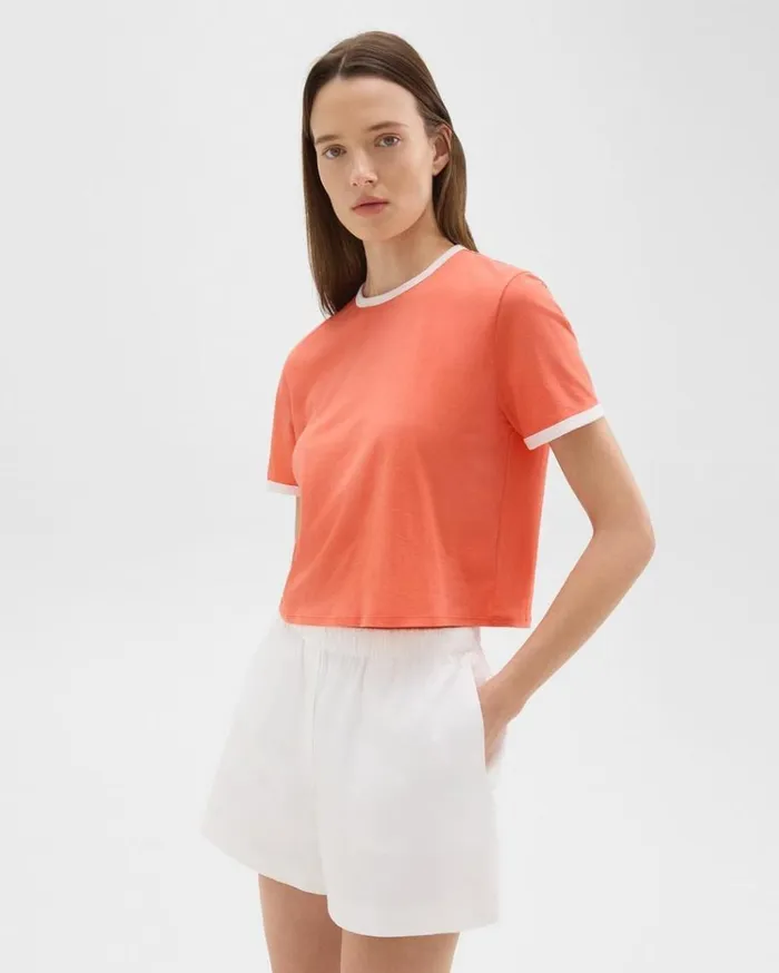 Theory Ringer Tee In Organic Cotton Bright Coralwhite Women TShirts Tank Tops Theory Ringer Tee In Organic Cotton Bright Coralwhite Women TShirts Tank Tops