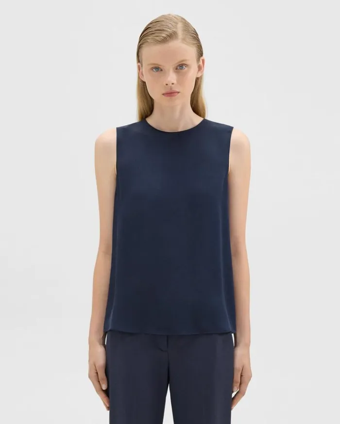 Theory Shell Top In Silk Georgette Nocturne Navy Women Tops