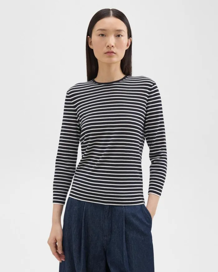 Theory Shrunken Crewneck Sweater In Merino Wool Navynew Ivory Women Sweaters Cardigans