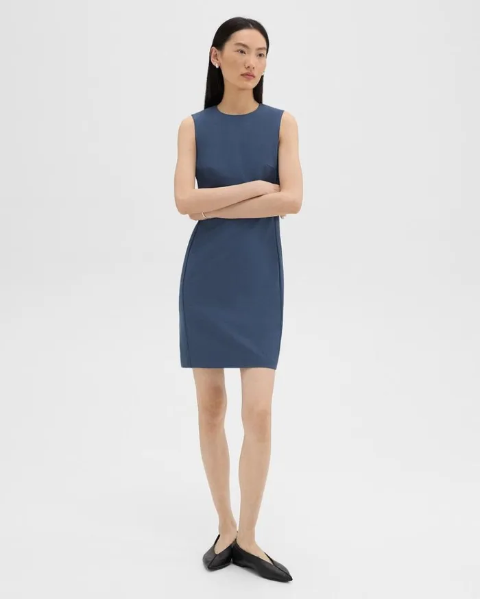 Theory Sleeveless Fitted Dress In Good Wool Ash Blue Women Dresses