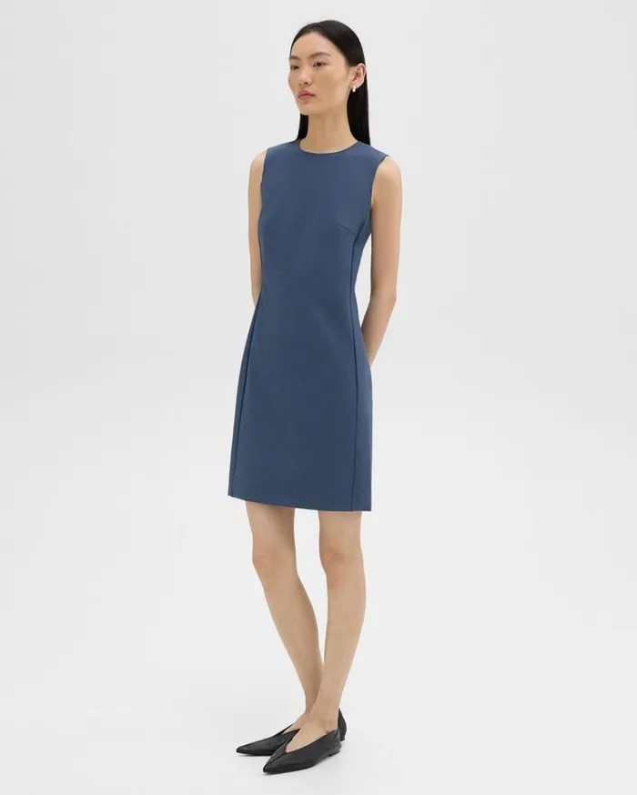 Theory Sleeveless Fitted Dress In Good Wool Ash Blue Women Dresses