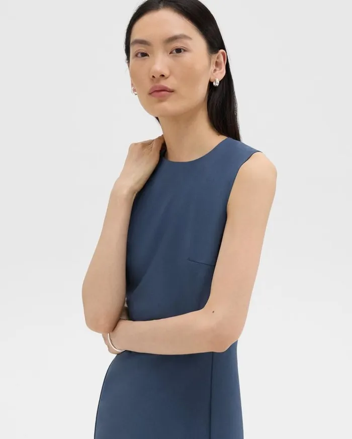 Theory Sleeveless Fitted Dress In Good Wool Ash Blue Women Dresses