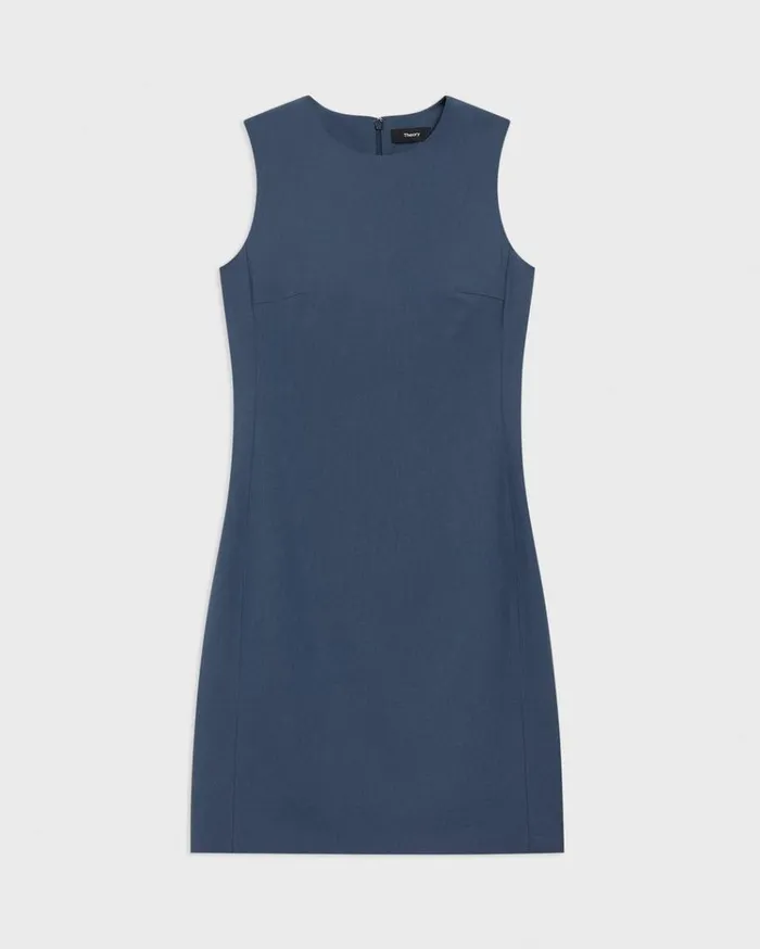 Theory Sleeveless Fitted Dress In Good Wool Ash Blue Women Dresses