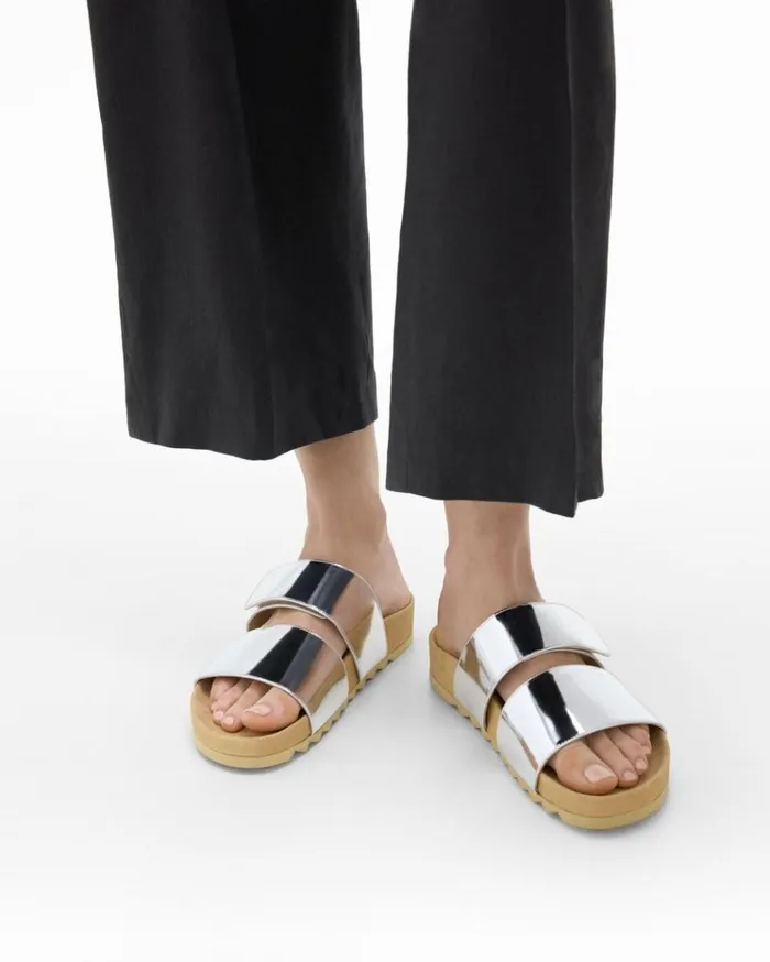 Theory Slide Sandals In Metallic Leather Silver Women Shoes