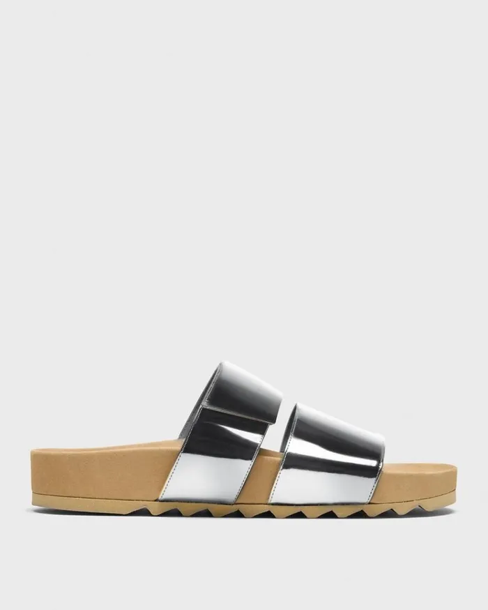 Theory Slide Sandals In Metallic Leather Silver Women Shoes