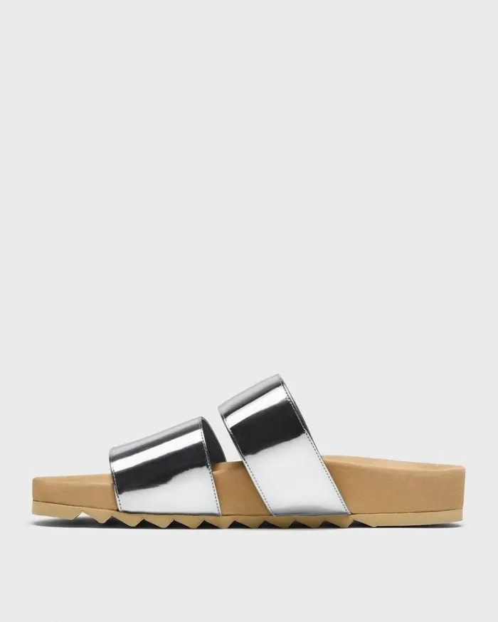 Theory Slide Sandals In Metallic Leather Silver Women Shoes