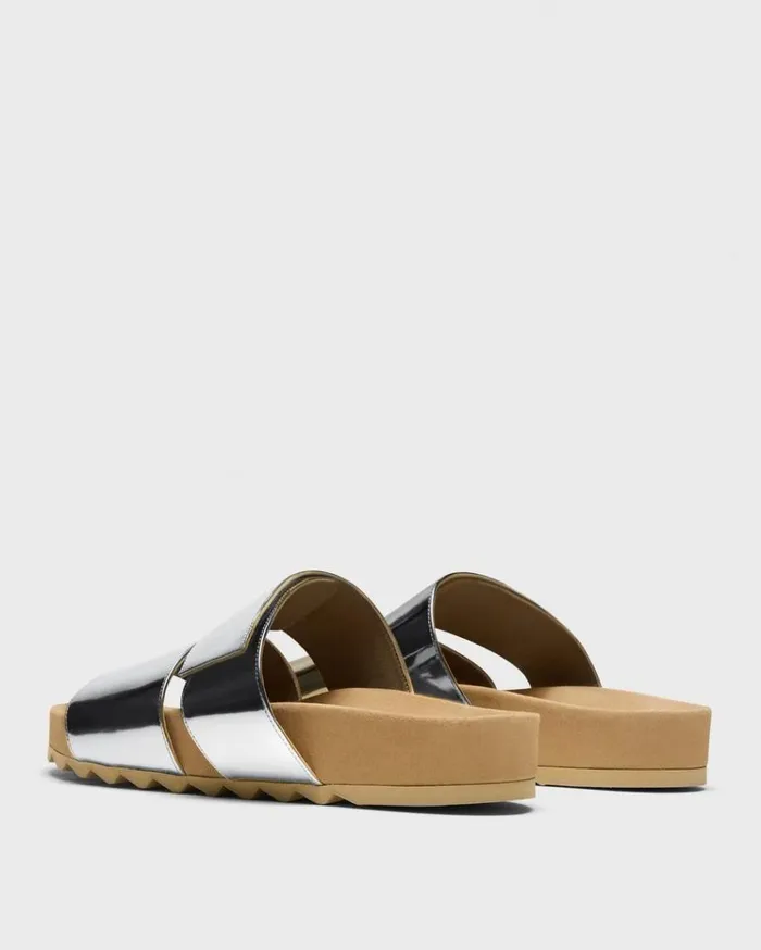Theory Slide Sandals In Metallic Leather Silver Women Shoes