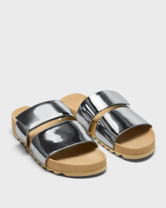 Theory Slide Sandals In Metallic Leather Silver Women Shoes