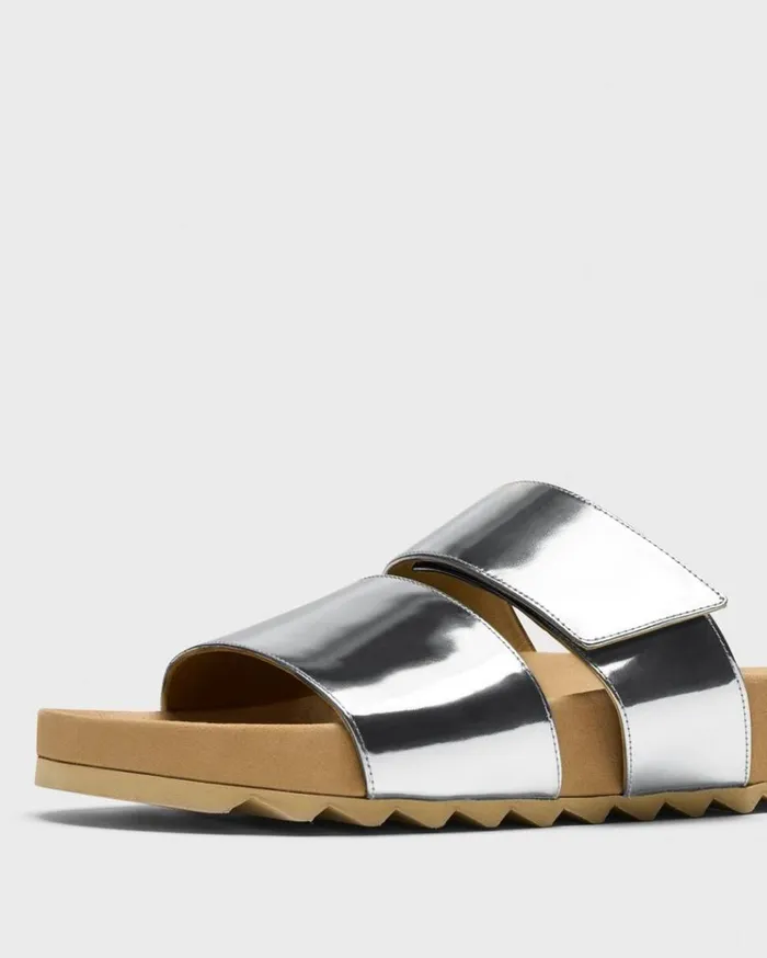 Theory Slide Sandals In Metallic Leather Silver Women Shoes
