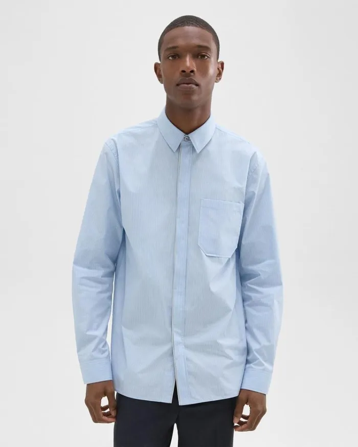Theory Striped CottonBlend Shirt Light Blue Multi Men Shirts