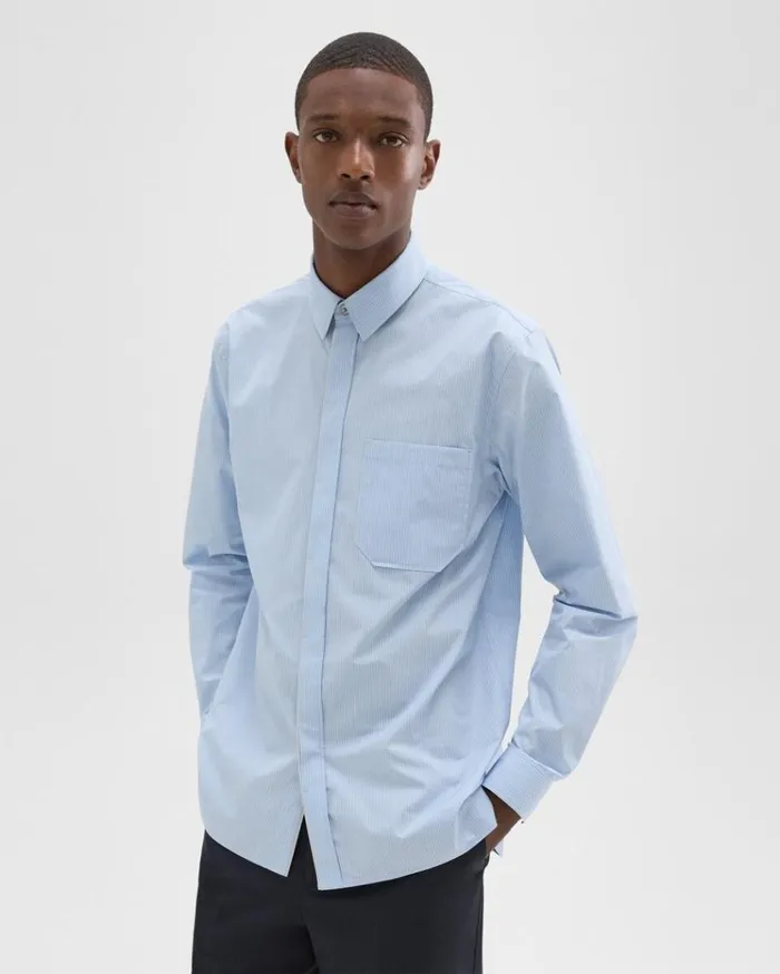 Theory Striped CottonBlend Shirt Light Blue Multi Men Shirts