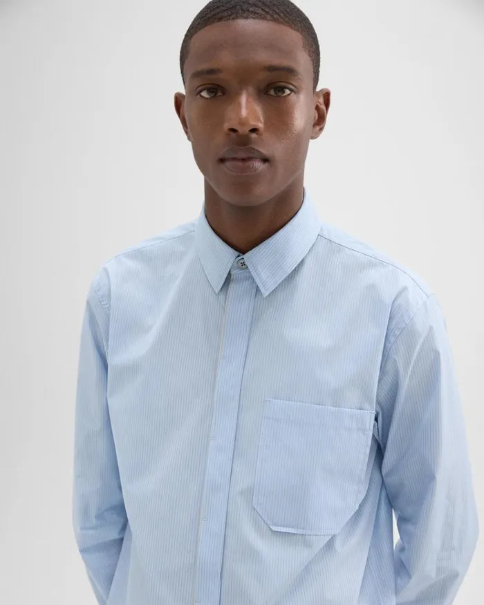Theory Striped CottonBlend Shirt Light Blue Multi Men Shirts