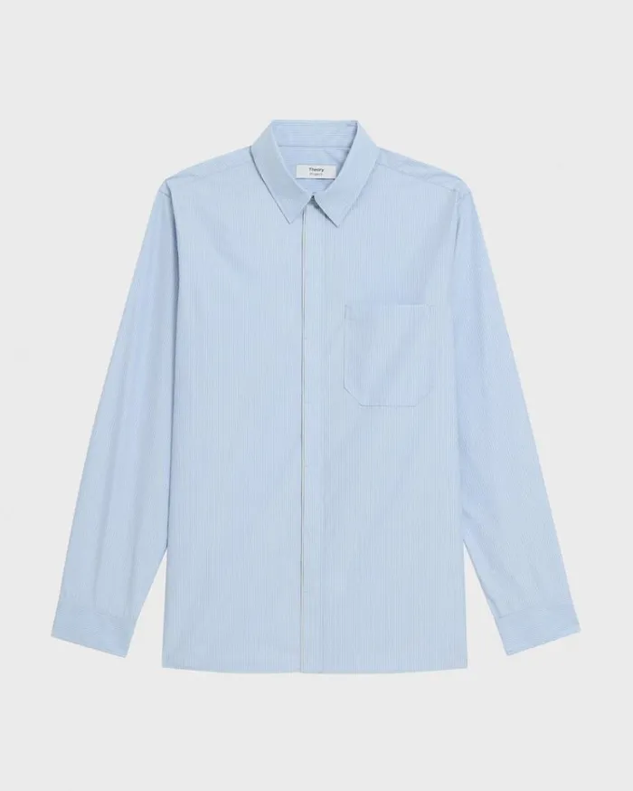 Theory Striped CottonBlend Shirt Light Blue Multi Men Shirts