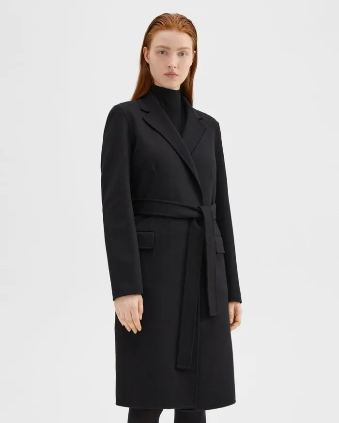 Theory Wrap Coat In DoubleFace WoolCashmere Black Women Outerwear