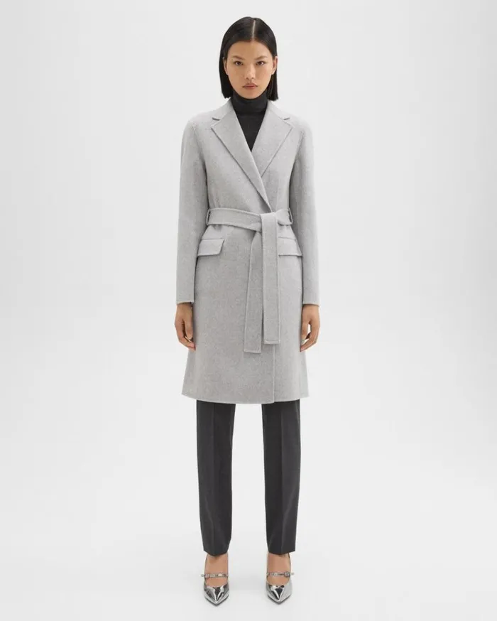 Theory Wrap Coat In DoubleFace WoolCashmere Melange Grey Women Outerwear