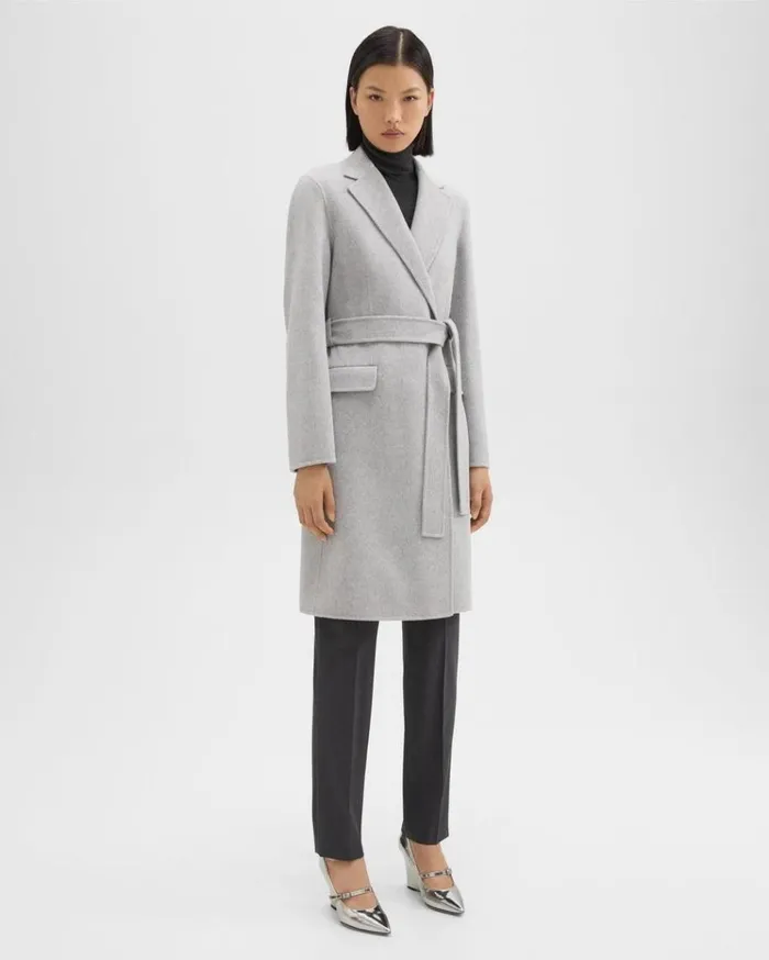 Theory Wrap Coat In DoubleFace WoolCashmere Melange Grey Women Outerwear