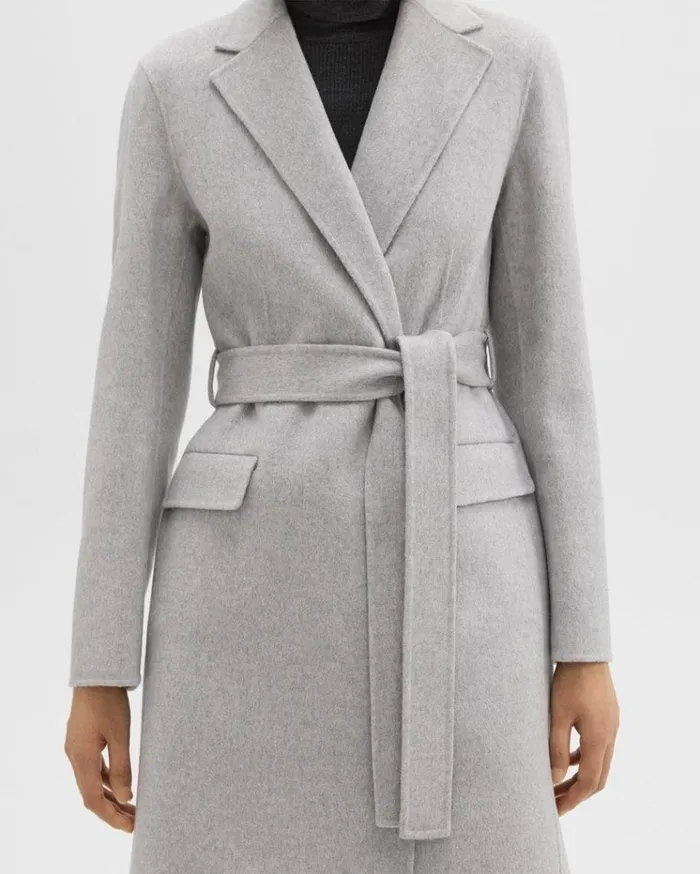 Theory Wrap Coat In DoubleFace WoolCashmere Melange Grey Women Outerwear