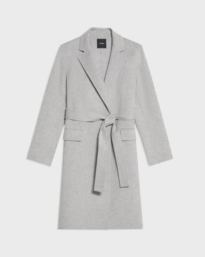 Theory Wrap Coat In DoubleFace WoolCashmere Melange Grey Women Outerwear