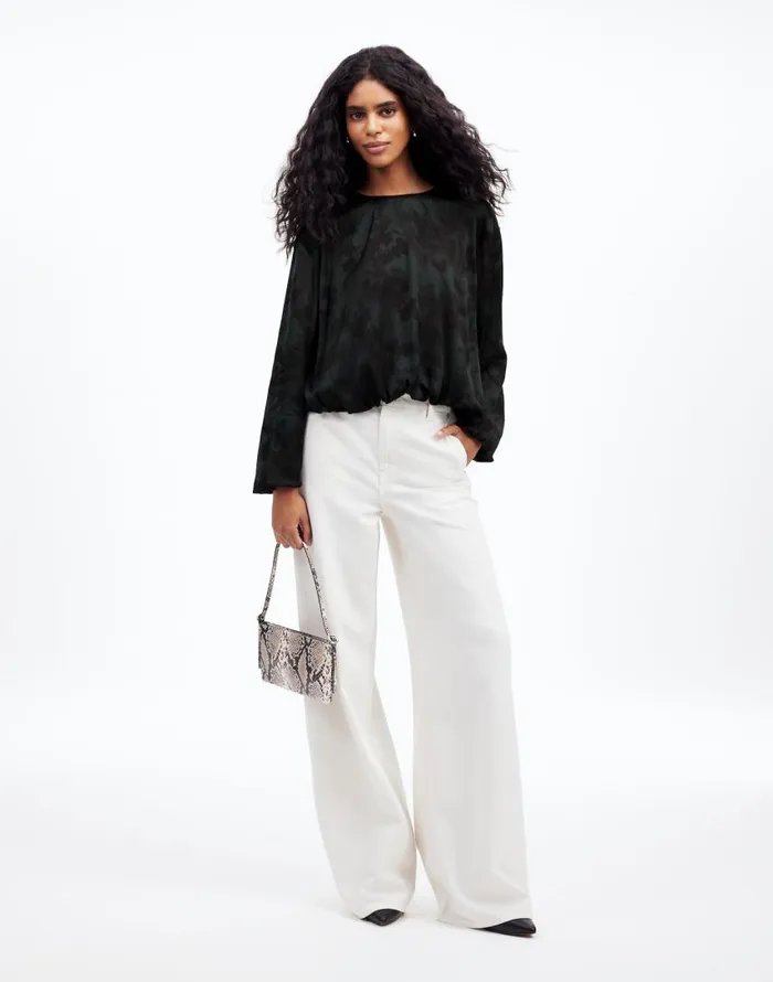 Tops and Shirts Women Madewell LongSleeve BubbleHem Top In Satin Luxury Forest