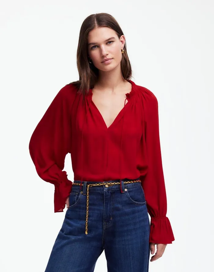 Tops and Shirts Women Madewell LongSleeve TieNeck Top Crimson Berry