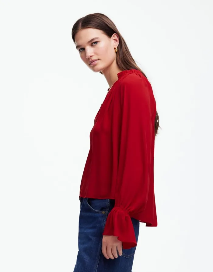Tops and Shirts Women Madewell LongSleeve TieNeck Top Crimson Berry