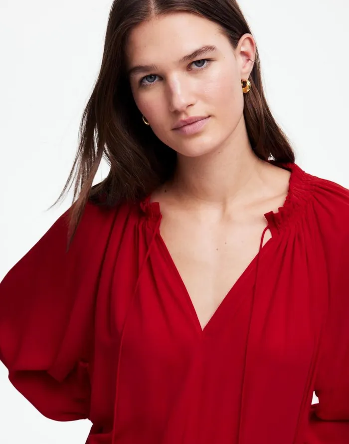 Tops and Shirts Women Madewell LongSleeve TieNeck Top Crimson Berry
