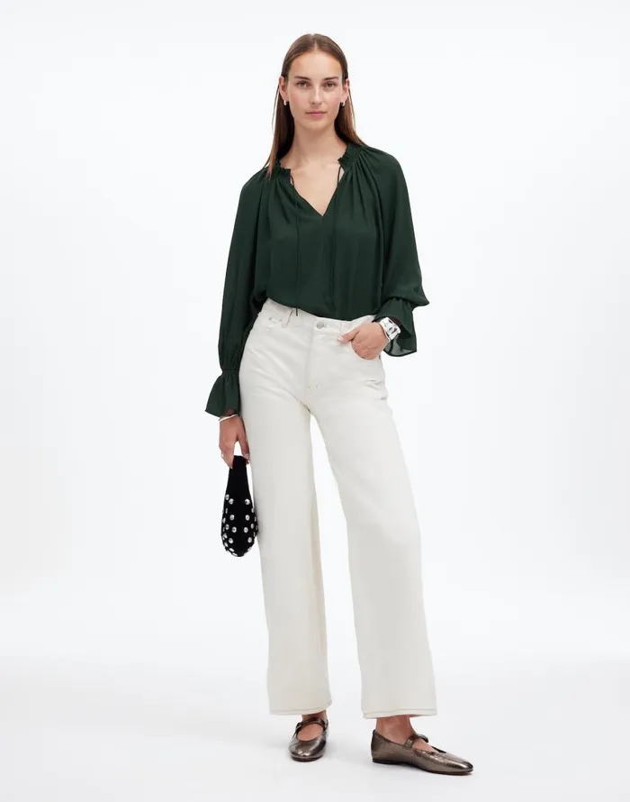 Tops and Shirts Women Madewell LongSleeve TieNeck Top Luxury Forest