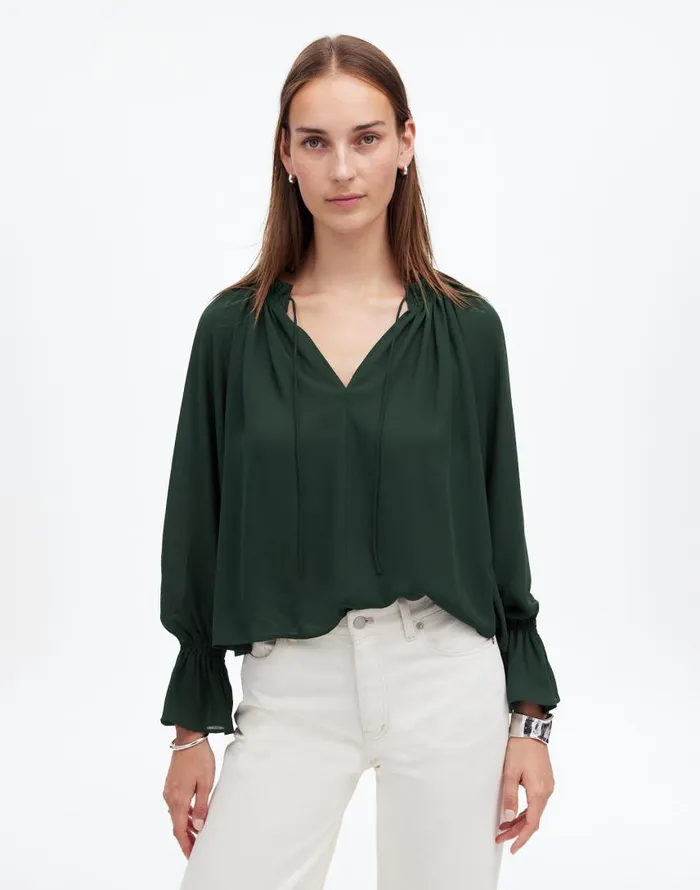 Tops and Shirts Women Madewell LongSleeve TieNeck Top Luxury Forest