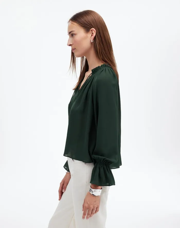 Tops and Shirts Women Madewell LongSleeve TieNeck Top Luxury Forest