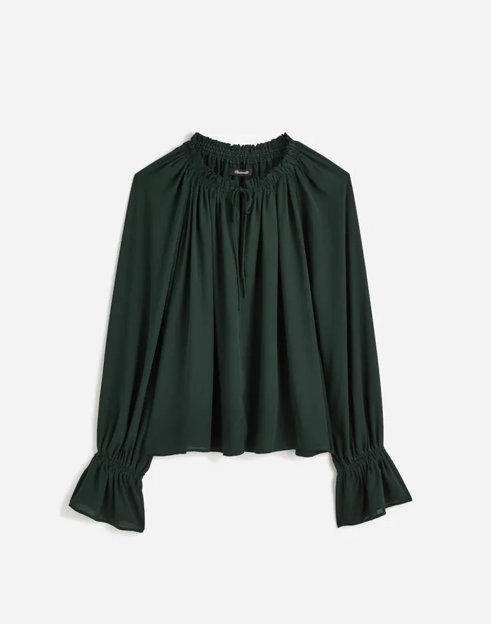 Tops and Shirts Women Madewell LongSleeve TieNeck Top Luxury Forest