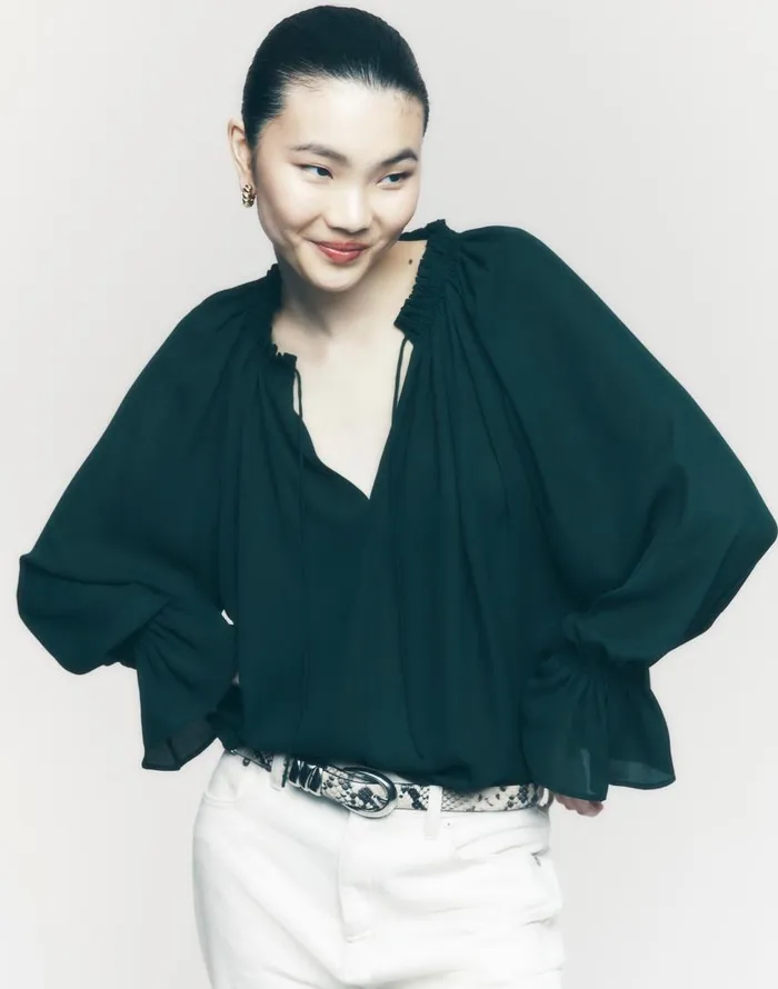 Tops and Shirts Women Madewell LongSleeve TieNeck Top Luxury Forest