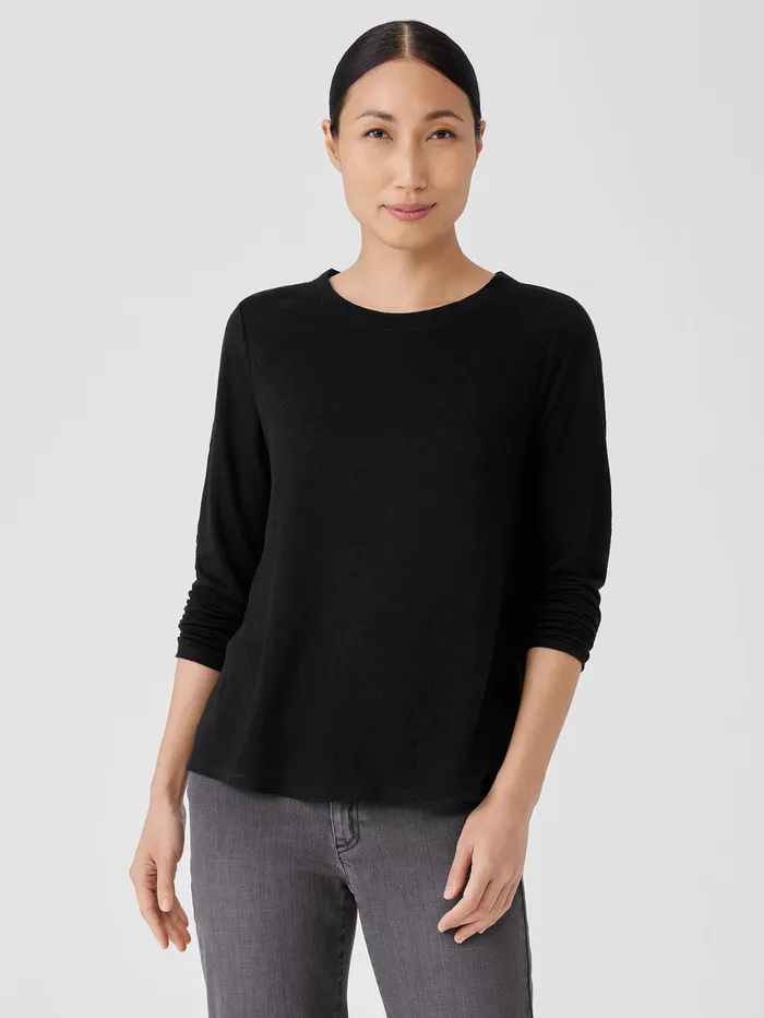 Tops and Tees Women Eileen Fisher Organic Linen Jersey Crew Neck Top Black
