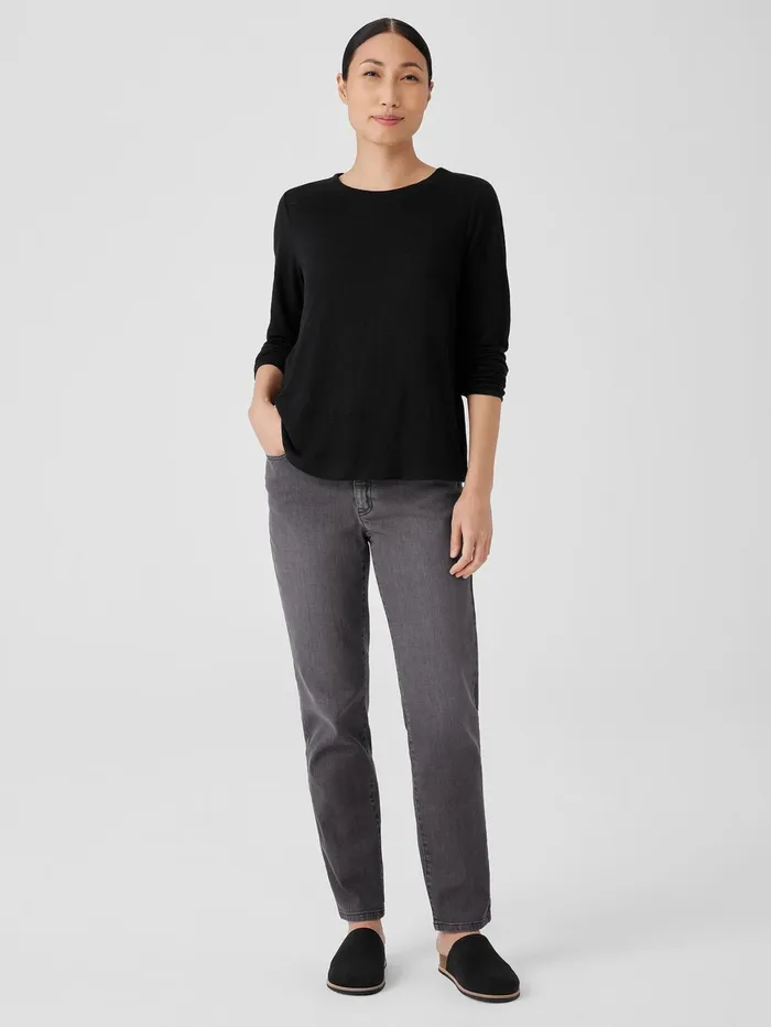 Tops and Tees Women Eileen Fisher Organic Linen Jersey Crew Neck Top Black