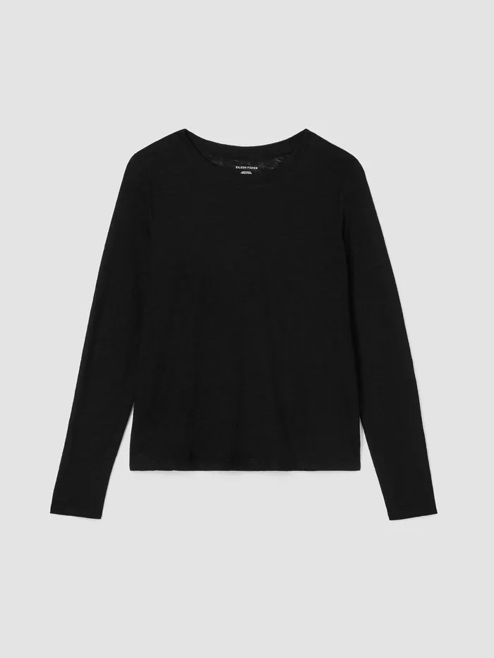 Tops and Tees Women Eileen Fisher Organic Linen Jersey Crew Neck Top Black