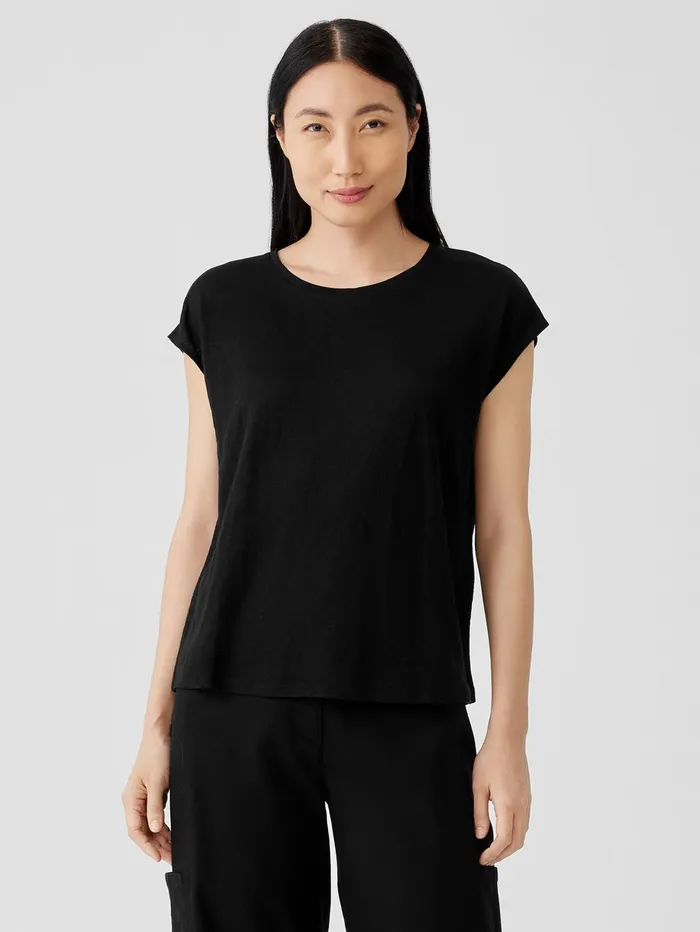 Tops and Tees Women Eileen Fisher Organic Linen Jersey ShirredBack Top Black