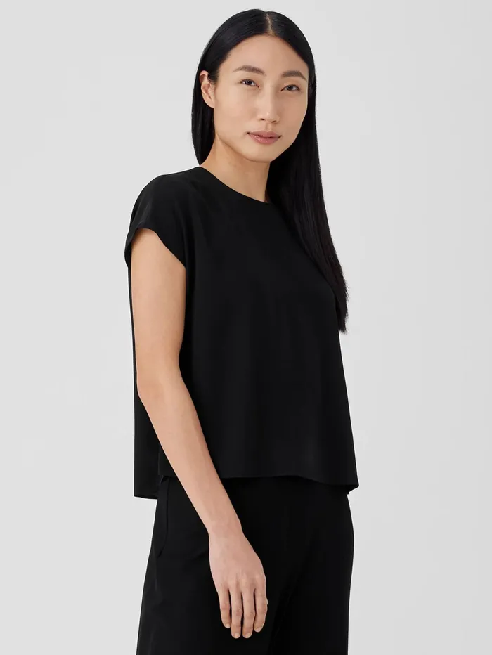 Tops and Tees Women Eileen Fisher Silk Georgette Crepe Square Top Black