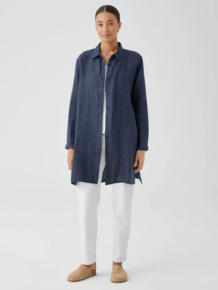 Tops and Tees Women Eileen Fisher Washed Organic Linen Dlav Long Shirt Dusk