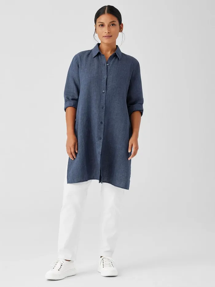 Tops and Tees Women Eileen Fisher Washed Organic Linen Dlav Long Shirt Dusk