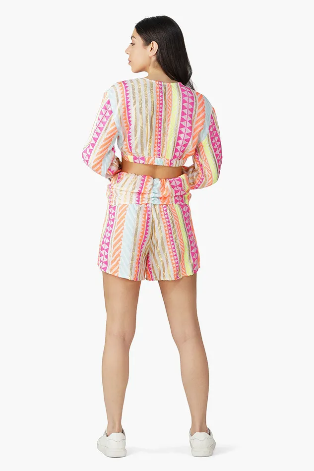 Tops Flourescent Strip Front Tie Top America and Beyond Women