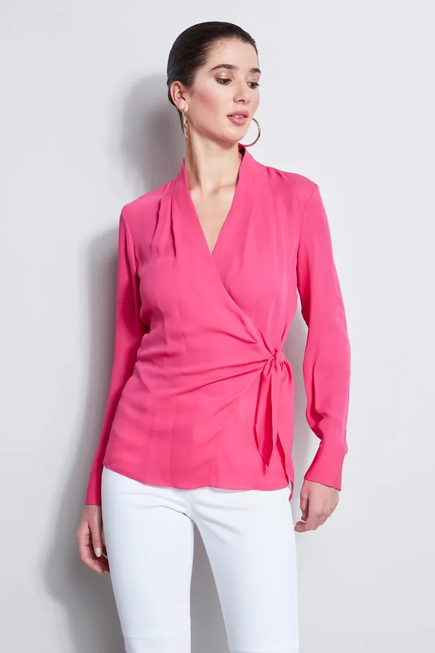 Tops Women Elie Tahari Long Sleeve Silk Wrap Shirt TROPIC PINK