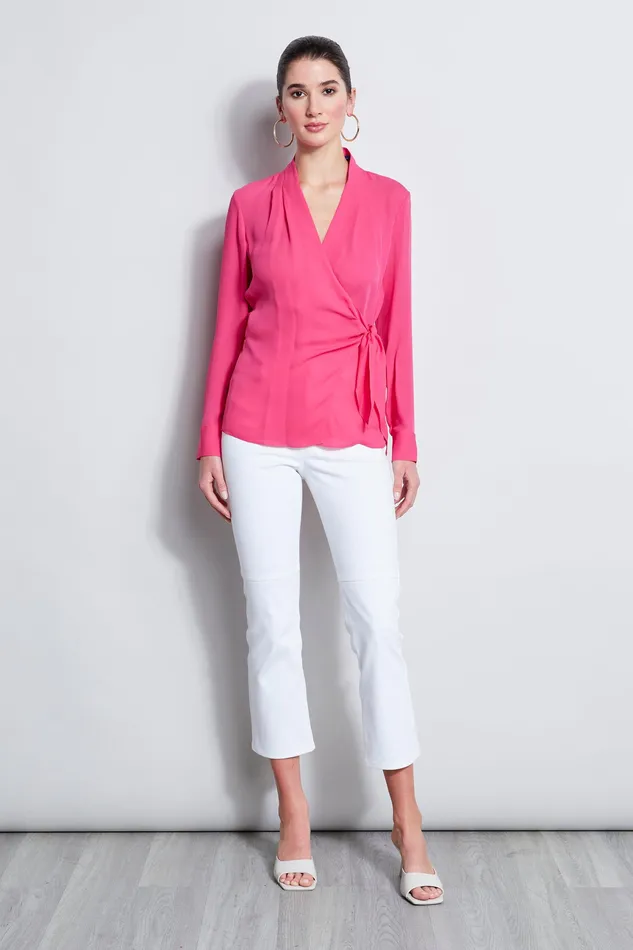 Tops Women Elie Tahari Long Sleeve Silk Wrap Shirt TROPIC PINK