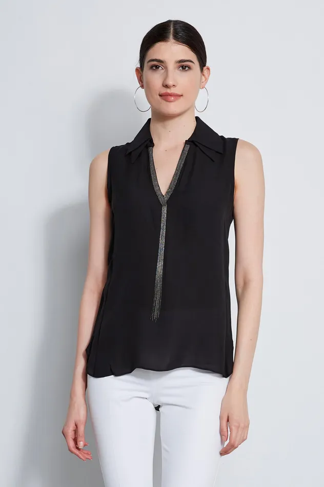 Tops Women Elie Tahari Sleeveless Silk Chain Collar Shirt BLACK