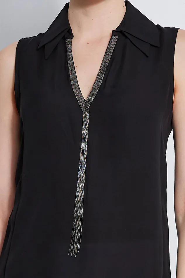 Tops Women Elie Tahari Sleeveless Silk Chain Collar Shirt BLACK