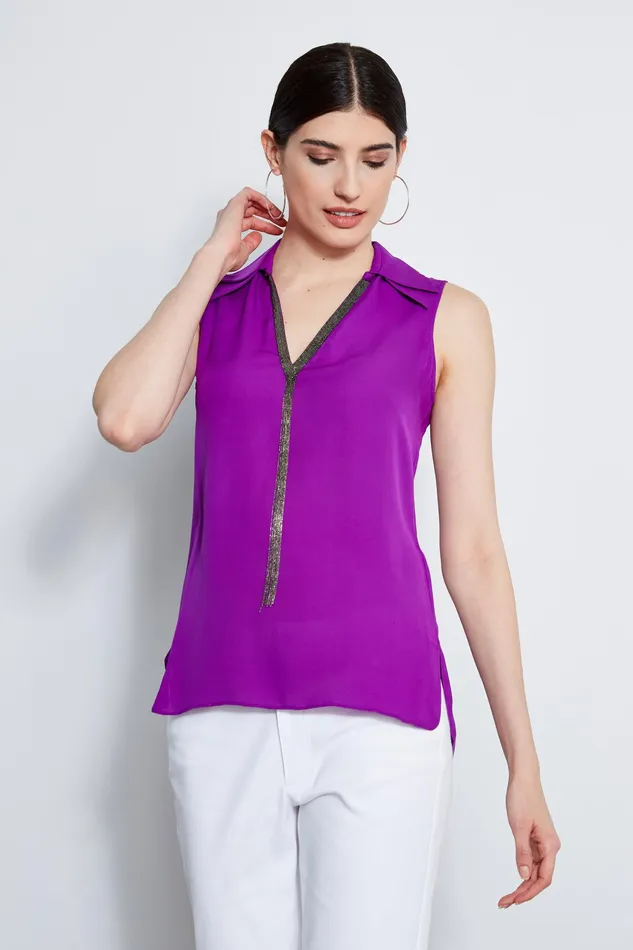 Tops Women Elie Tahari Sleeveless Silk Chain Collar Shirt WILD BERRY