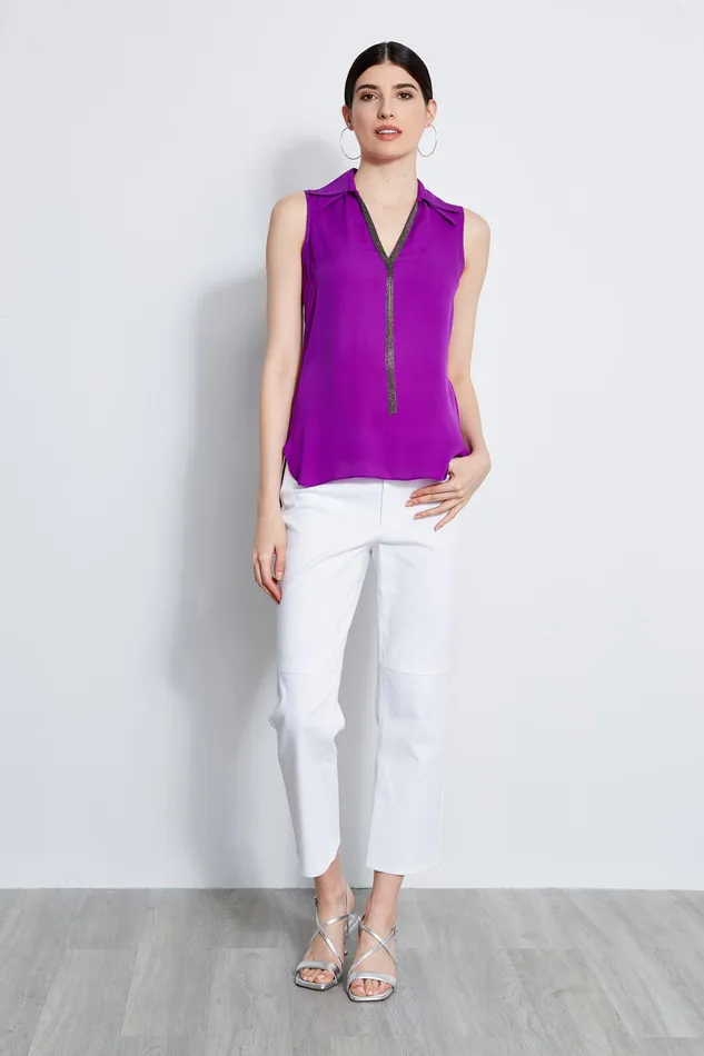 Tops Women Elie Tahari Sleeveless Silk Chain Collar Shirt WILD BERRY
