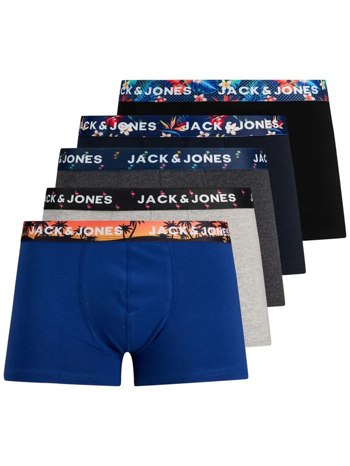 Underwear JACK and JONES Mens 5PACK PRINTED WAISTBAND TRUNKS Blue Navy Blazer Gift 4 You