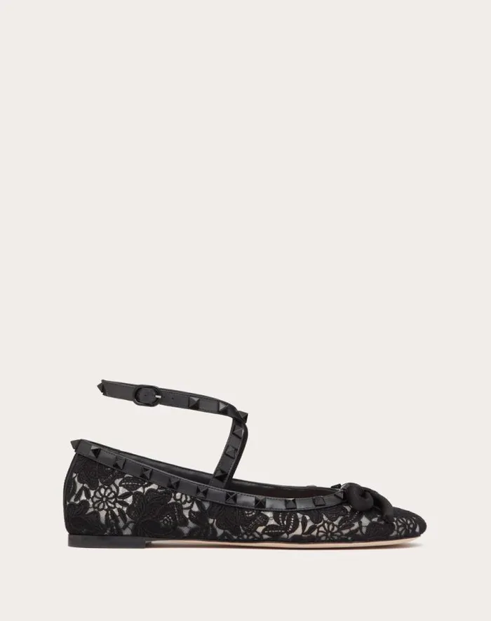 Valentino Ballerinas Woman Rockstud Macram Lace Ballerina For Woman In Black Black Valentino Ballerinas Woman Rockstud Macram Lace Ballerina For Woman In Black Black