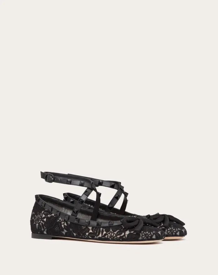 Valentino Ballerinas Woman Rockstud Macram Lace Ballerina For Woman In Black Black Valentino Ballerinas Woman Rockstud Macram Lace Ballerina For Woman In Black Black