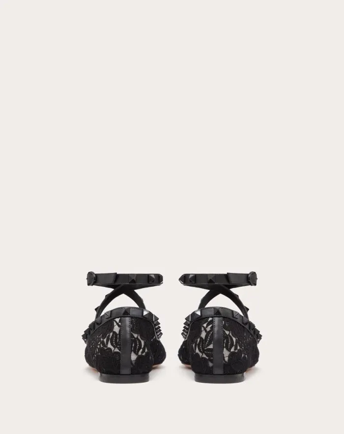 Valentino Ballerinas Woman Rockstud Macram Lace Ballerina For Woman In Black Black Valentino Ballerinas Woman Rockstud Macram Lace Ballerina For Woman In Black Black