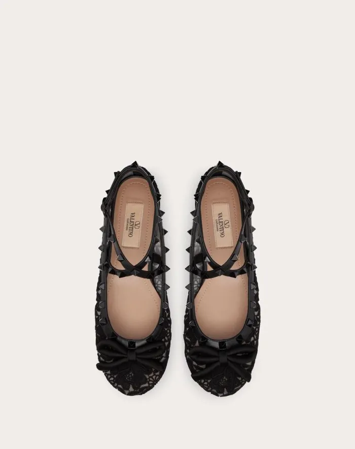 Valentino Ballerinas Woman Rockstud Macram Lace Ballerina For Woman In Black Black Valentino Ballerinas Woman Rockstud Macram Lace Ballerina For Woman In Black Black